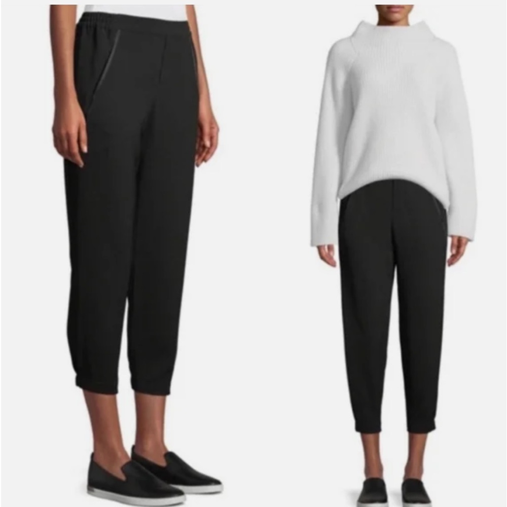 VINCE Satin Piped Wrap Seam Pant Pull On Tuxedo Trouser Jogger Crop Black